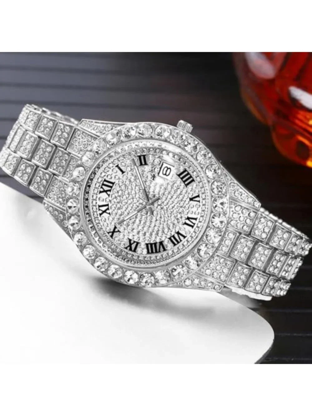 Iced-Out Bling Diamond Luxury Quartz Watch for Men - Hip Hop Style with Date